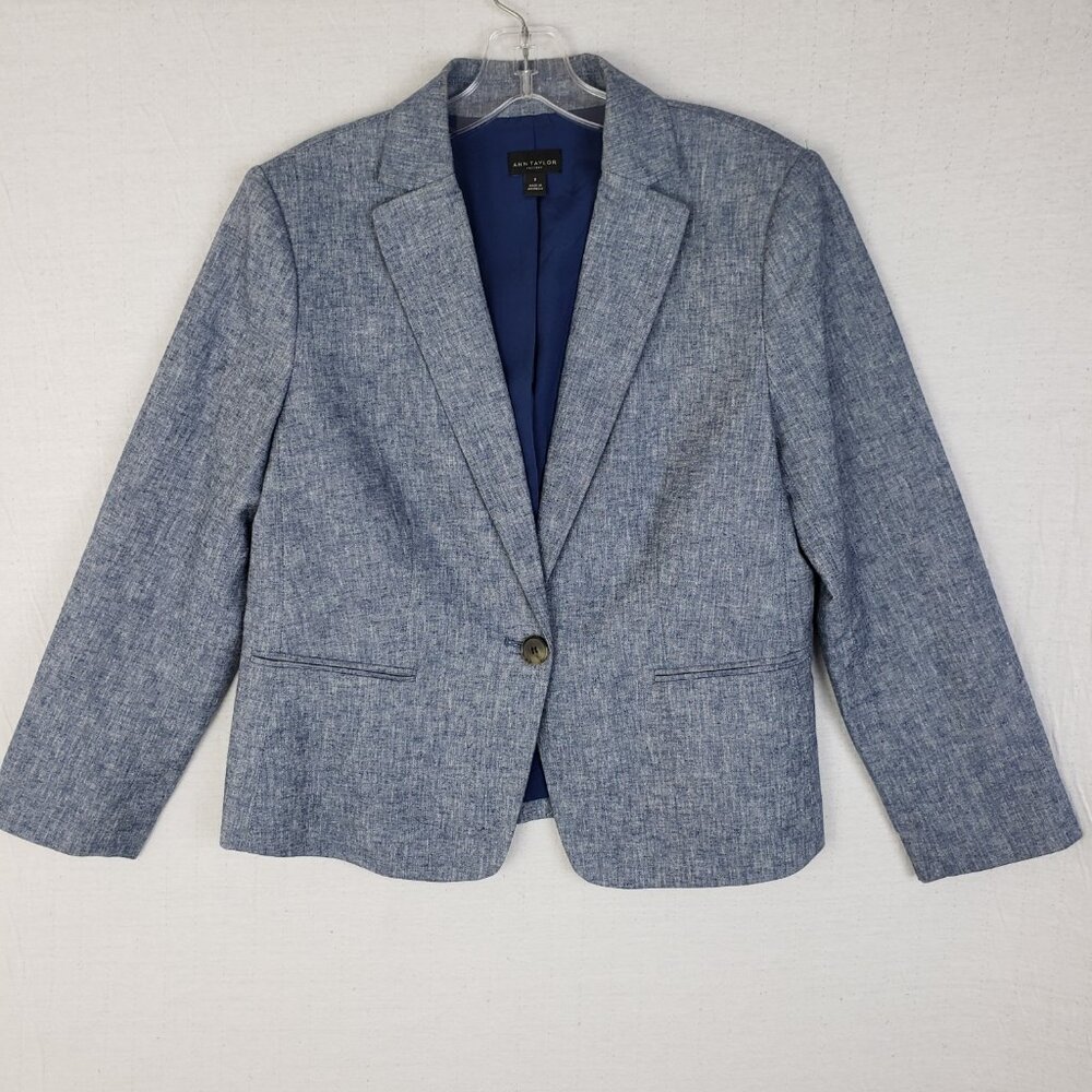 Ann Taylor Linen Blend Blazer Career Office Heather Blue size 8 Minimalist